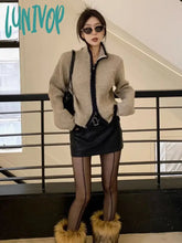 Lunivop Vintage Zip Up Knitted Cardigan Women Korean Style Cropped Sweater Female Casual Loose Long